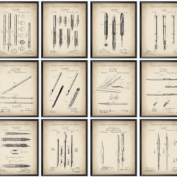 12 Vintage Fountain Pen Patent Art Pen Blueprint Writer Gift Poet Gift Reporter Gift Correspondent Gift Journalist Gift Editor Gift