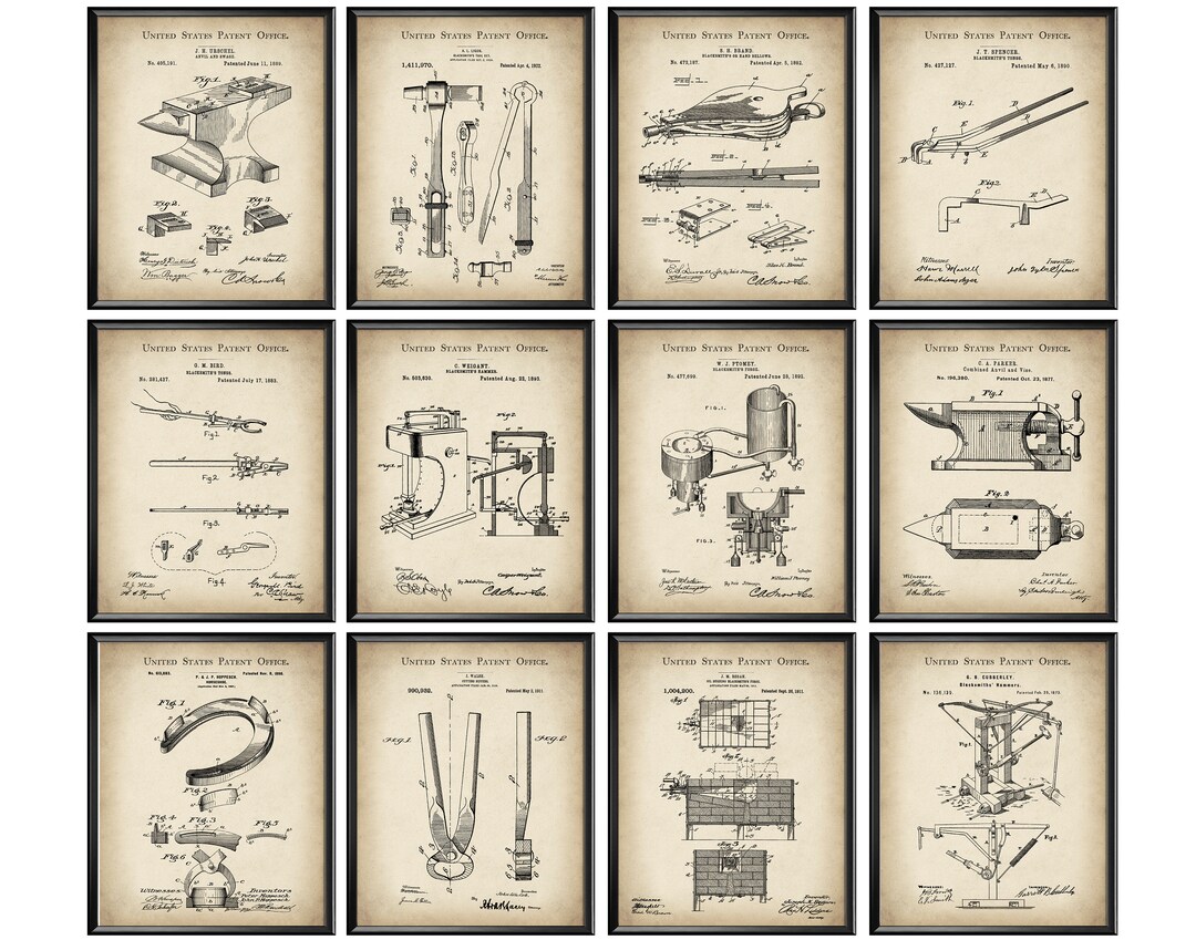 12 Vintage Blacksmith Tools Patent Art Ironsmith Gift Industrial Art
