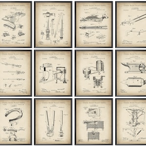 May include: A set of 12 vintage black and white illustrations of blacksmithing tools and equipment. The illustrations are in the style of US patent drawings and feature an anvil, tongs, a horseshoe, and other tools.