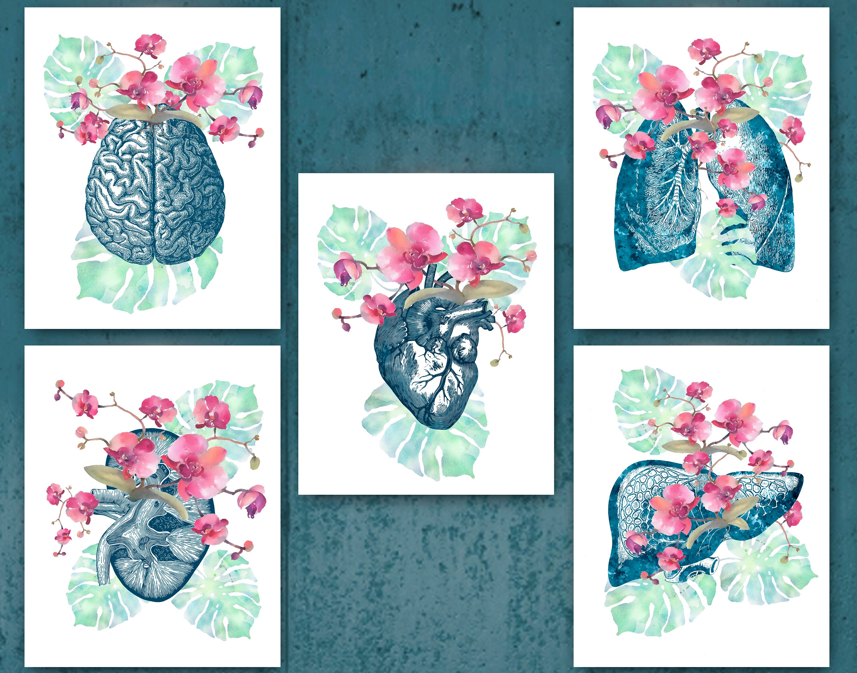 Watercolor Anatomy and Orchids Art Set of 6 Floral Brain Heart and ...