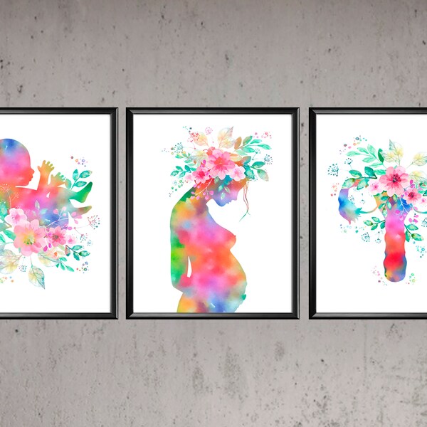 Floral Pregnancy Artwork Pregnant Lady Watercolor Art Baby in Flowers Floral Uterus Baby Shower Poster Obstetrician Gift