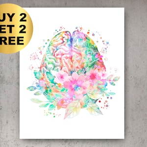 Neurology Poster Watercolor Floral Brain Medical Art Neurologist Gift Psychologist Gift Psychiatrist Gift Neuroscience Art