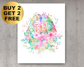 Neurology Poster Watercolor Floral Brain Medical Art Neurologist Gift Psychologist Gift Psychiatrist Gift Neuroscience Art