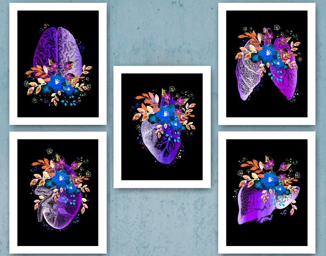 Floral Human Anatomy Watercolor Art Set of 5 Anatomical Brain Heart ...