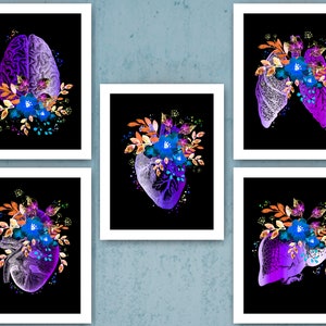 Floral Human Anatomy Watercolor Art Set of 5 Anatomical Brain Heart Lungs Kidney Liver Poster Medical Art Doctor Cabinet Decor Nurse Gift