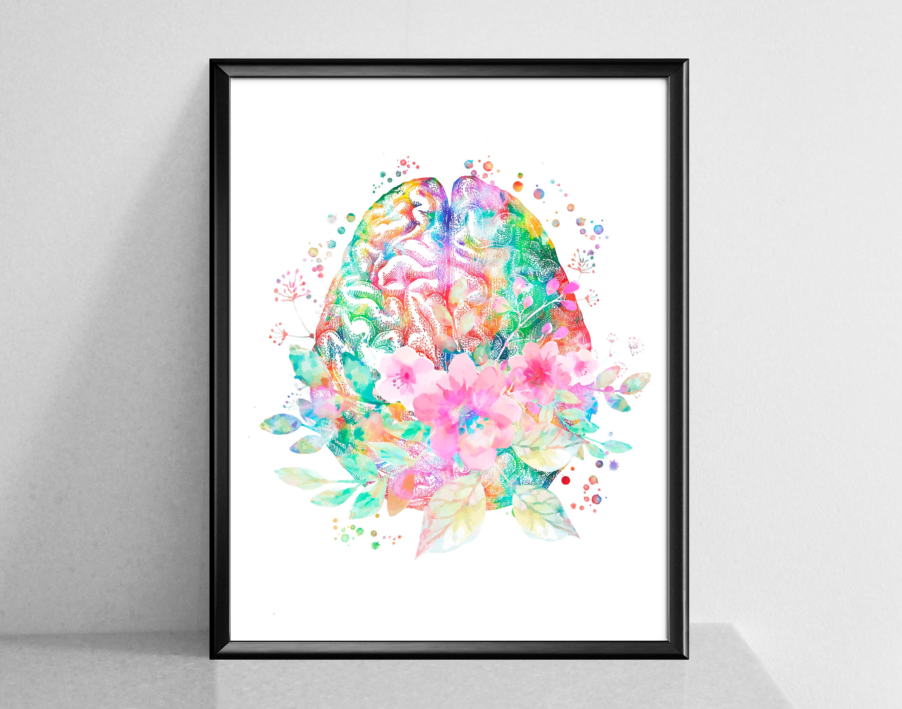 Neurology Poster Watercolor Floral Brain Medical Art Neurologist Gift ...