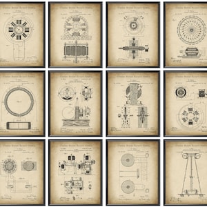 Op de afbeelding: Een set van 12 vintage zwart-wit illustraties van elektrische motor patenten. Elke illustratie is omlijst met een zwarte rand en heeft een witte achtergrond. De illustraties zijn afkomstig van het United States Patent Office.