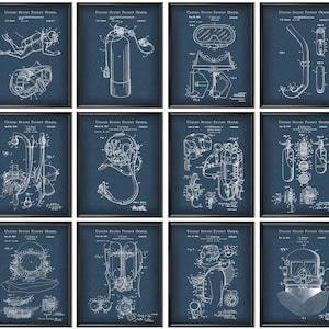 12 Scuba Diving Patent Art Deep Sea Diver Gift Nautical Art Swimming Art Diving Equipment Blueprint Scuba Gift Beach House Wall Decor