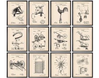 12 tirages de brevet de ferme Farming Blueprint Agriculture Equipment Scheme Poster Farmer Gift Agronome Gift Grower Gift Rancher Gift Village Art