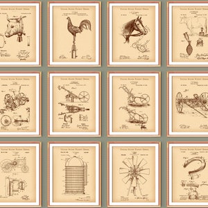 Set di 12 poster di fattoria con brevetti artistici, arte country, arte ranch, regalo per agricoltori, progetti agricoli, decorazioni da parete western, arte del selvaggio West