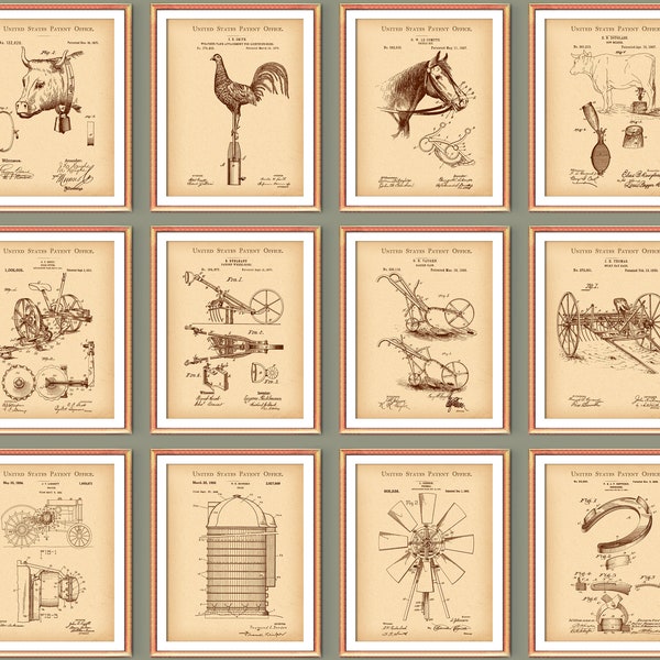 Landwirtschaft 12er Set Patent Arts Farm House Poster Country Art Ranch Kunst Bauer Geschenk Landwirtschaft Blaupause Western Wand Dekor Wild West Art