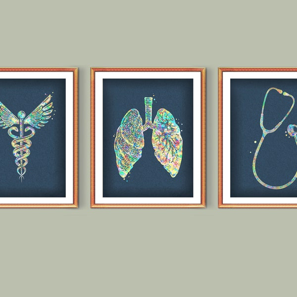 3 Nursing art, Medical artwork, Nurse gift, Caduceus art, Lungs anatomy painting, Stethoscope art, Physical therapy poster, Clinic wall art