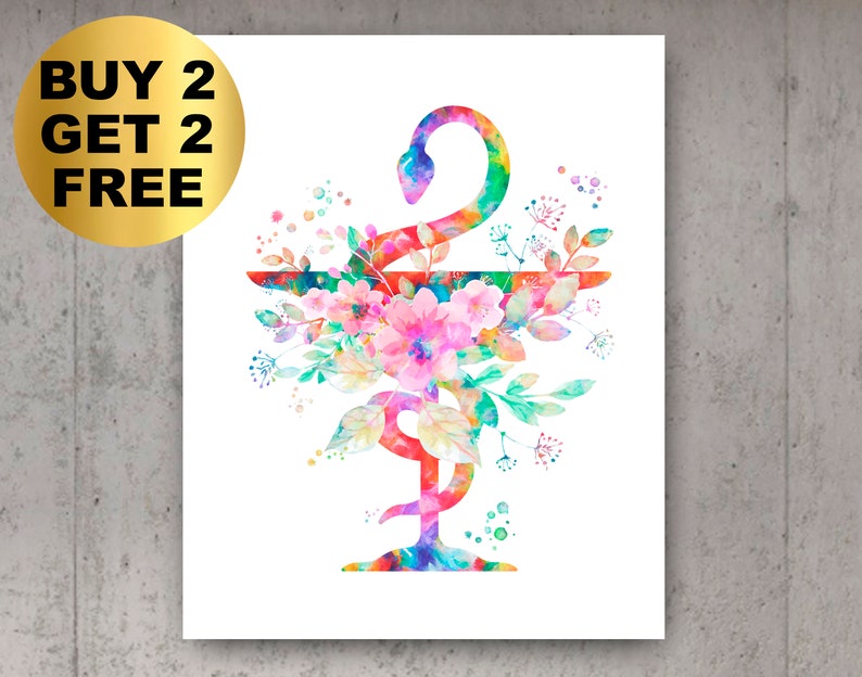 May include: Watercolor illustration of a Caduceus symbol with a rainbow-colored snake and floral accents. The image features pink, blue, and green flowers and leaves. Text in a gold circle reads "BUY 2 GET 2 FREE".