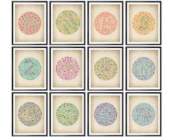 12 Vintage Ishihara Color Blindness Tests Posters Eye Diagnostic Testing System Eyesight Check Diagram Optician Gift Optometrist Gift