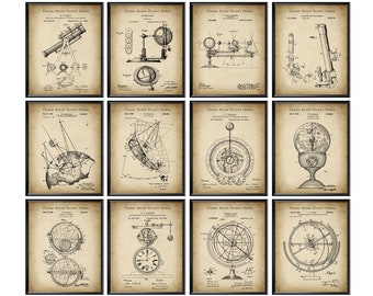 12 astronomía patente arte planetario cartel telescopio Blueprint Sistema Solar arte astronómico globo arte espacio pared decoración ciencia arte