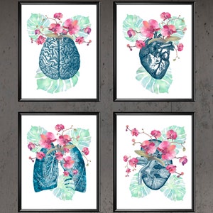 4 Aquarel Anatomie Tropische Bloemen Kunst Bloemige Interne Organen Medische Kunst Hersenen en Orchideeën Hart en Bloemen Longen NierKunst