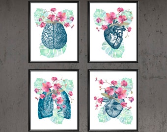 4 Watercolor Anatomy Tropical Flowers Art Floral Internal Organs Medical Art Brain and Orchids Heart and Flowers Floral Lungs Kidney Artwork