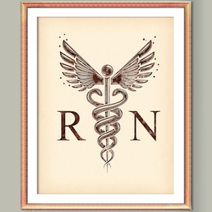 Caduceus RN Vintage Art, Registered Nurse Gift, Nurse Graduation, Medical Poster, Medical Student Gift, Doctor Office Decor