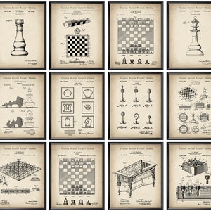 May include: A set of 12 vintage black and white chess-themed patent prints. The prints feature various chess pieces, boards, and game designs. Each print includes the text "United States Patent Office" and the patent number.