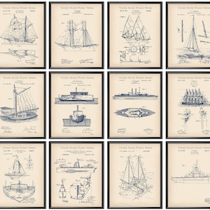 12 Nautical Art Ship Patent Posters Vintage Sailing Blueprint Sailor Gift Beach House Wall Decor Vessel Art Yacht Art Boat Patent Art