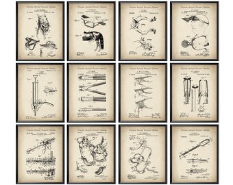 May include: A set of 12 vintage black and white patent drawings. Each drawing features a different invention, including a horse bridle, a hair curler, a tool for removing hair, and a device for holding a hat. The drawings are printed on a beige background and have a distressed look.