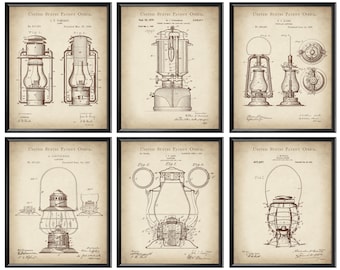 6 Vintage Lantern Patent Art Tubular Lantern Blueprint Lamp Patent Camping Lantern Patent Vintage Industrial Style Drawing Steampunk Decor