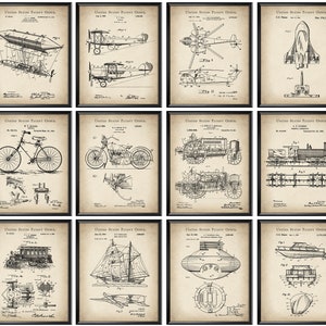 12 tipos de transporte vintage Patente Arte Mecánico Regalo Modelo de vehículo Patente de avión Patente de barco Esquema de patente de bicicleta Decoración de pared de garaje