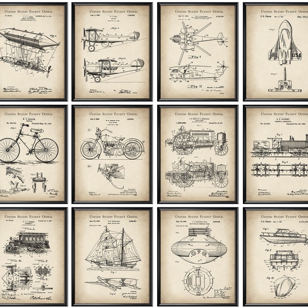 12 Vintage Transport Types Patent Art Mechanic Gift Vehicle Blueprint Airplane Patent Ship Patent Bicycle Patent Scheme Garage Wall Decor