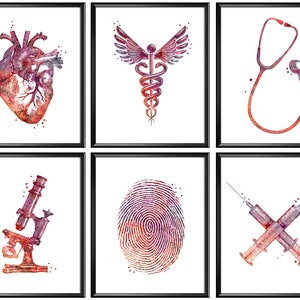 6 Gift for Nurse, Nurse Graduation, Medical Art, Human Heart Print, Caduceus Art, Stethoscope Art, Fingerprint, Doctor Device Art