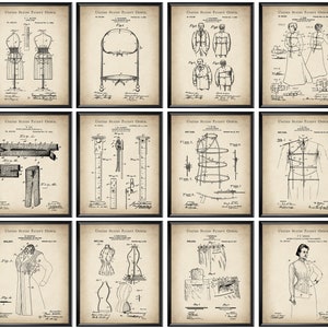 May include: A set of nine vintage patent drawings for clothing and tailoring tools. The drawings are in black and white and feature various designs for corsets, dress forms, and measuring tools. The drawings are framed in black and have a vintage aesthetic.