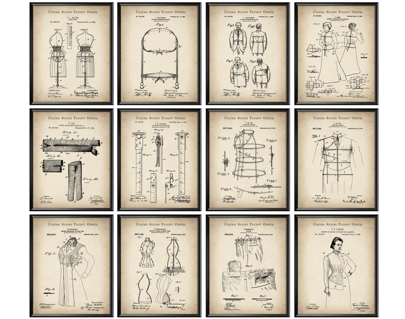 K&ouml;nnte beinhalten: Ein Satz von neun Vintage-Patentzeichnungen f&uuml;r Kleidung und Schneiderwerkzeuge. Die Zeichnungen sind in Schwarzwei&szlig; gehalten und zeigen verschiedene Designs f&uuml;r Korsetts, Schaufensterpuppen und Messwerkzeuge. Die Zeichnungen sind in Schwarz gerahmt und haben eine Vintage-&Auml;sthetik.
