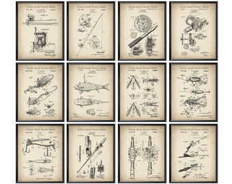 12 Vintage Fishing Patent Drawing Fisherman Gift Fishing Reel Blueprint Fishing Lure Poster Fishing Rod Patent Invention Beach House Decor