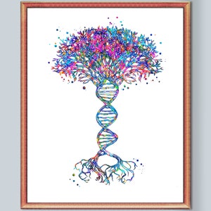 May include: A framed wall art print featuring a watercolor illustration of a tree where the trunk is a double helix DNA strand. The canopy and roots are rendered in vibrant, multi-colored paint splatters of blue, pink, purple, and yellow.