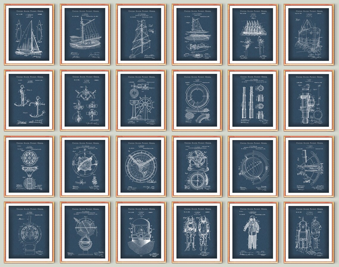 Nautical Patent Print Set of 24 Nautical Art Sailing Art Sailor Gift ...