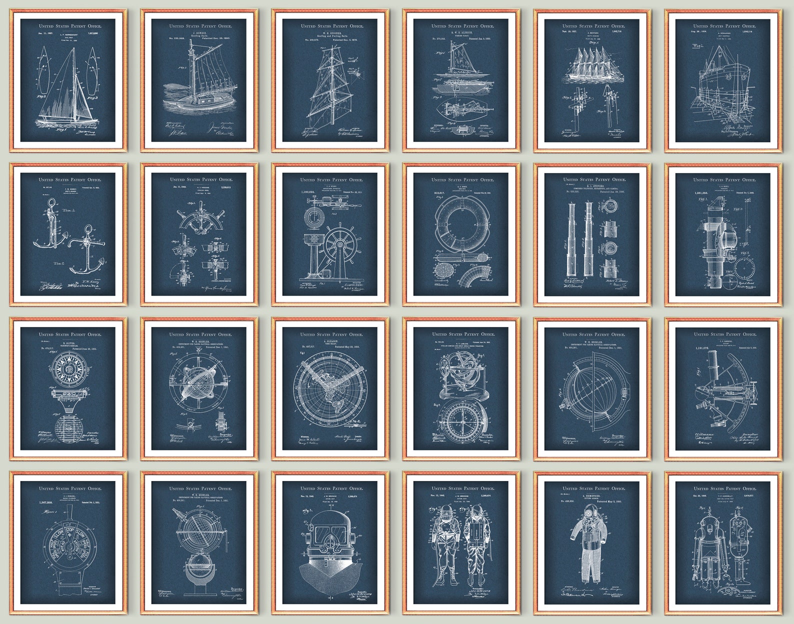 Nautical Patent Print Set of 24 Nautical Art Sailing Art Sailor Gift ...