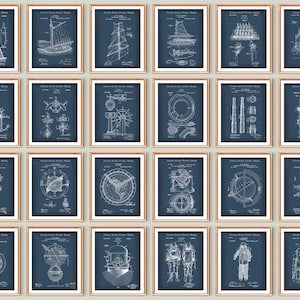 Nautical Patent Print Set of 24 Nautical Art Sailing Art Sailor Gift Invention Blueprint Ship Patent Marine Compass Patent Diving Patent