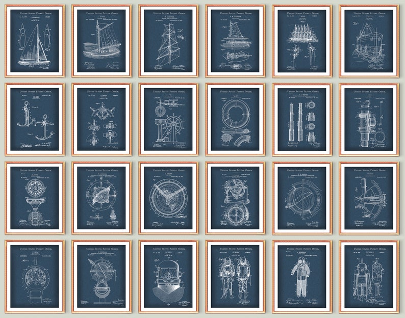 Nautical Patent Print Set of 24 Nautical Art Sailing Art Sailor Gift ...