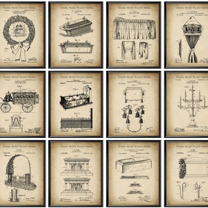 May include: A set of 12 vintage black and white patent drawings for funeral related items. The drawings include a hearse, a coffin, a wreath, a candelabra, and a tombstone. The drawings are on a beige background with black text.