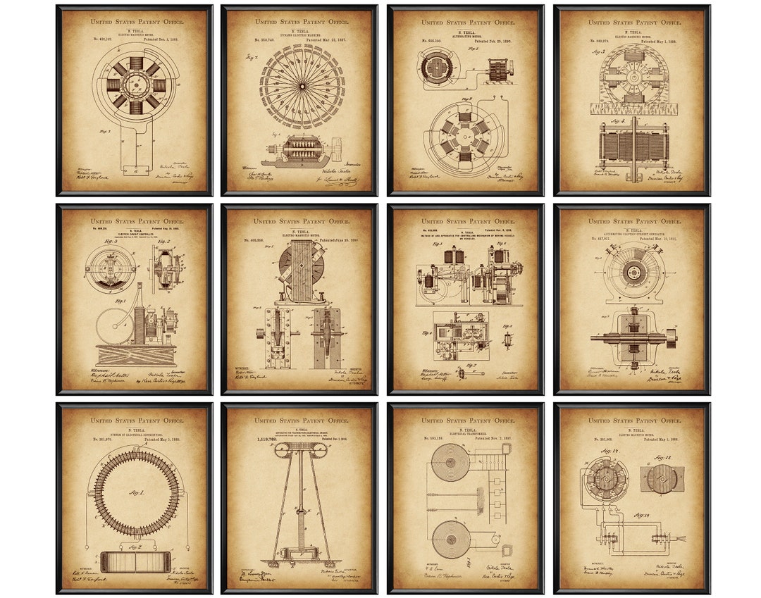 ニコラ・テスラ 絵画 原画 キャンバス 12 ニコラ テスラの発明 特許アート 電気技師ギフト ヴィンテージ 青