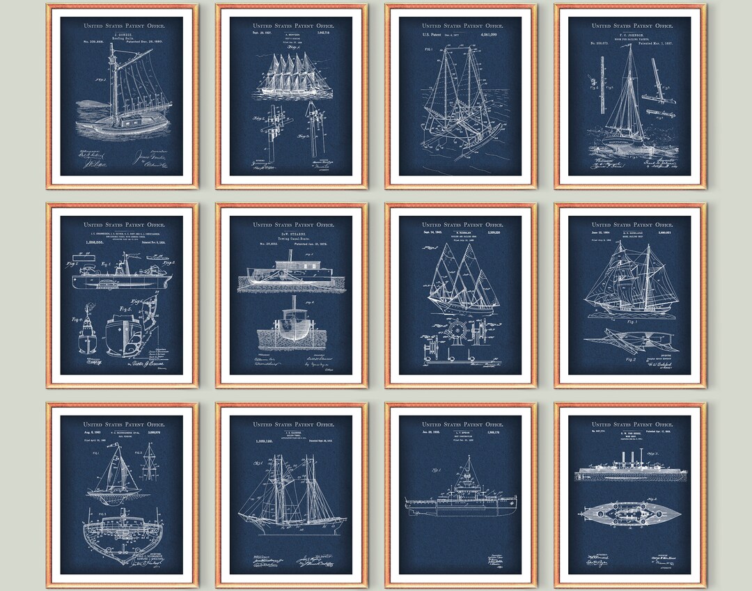 Nautical Art Set 12 Sailing Patent Ship Blueprint Boat Patent Poster ...