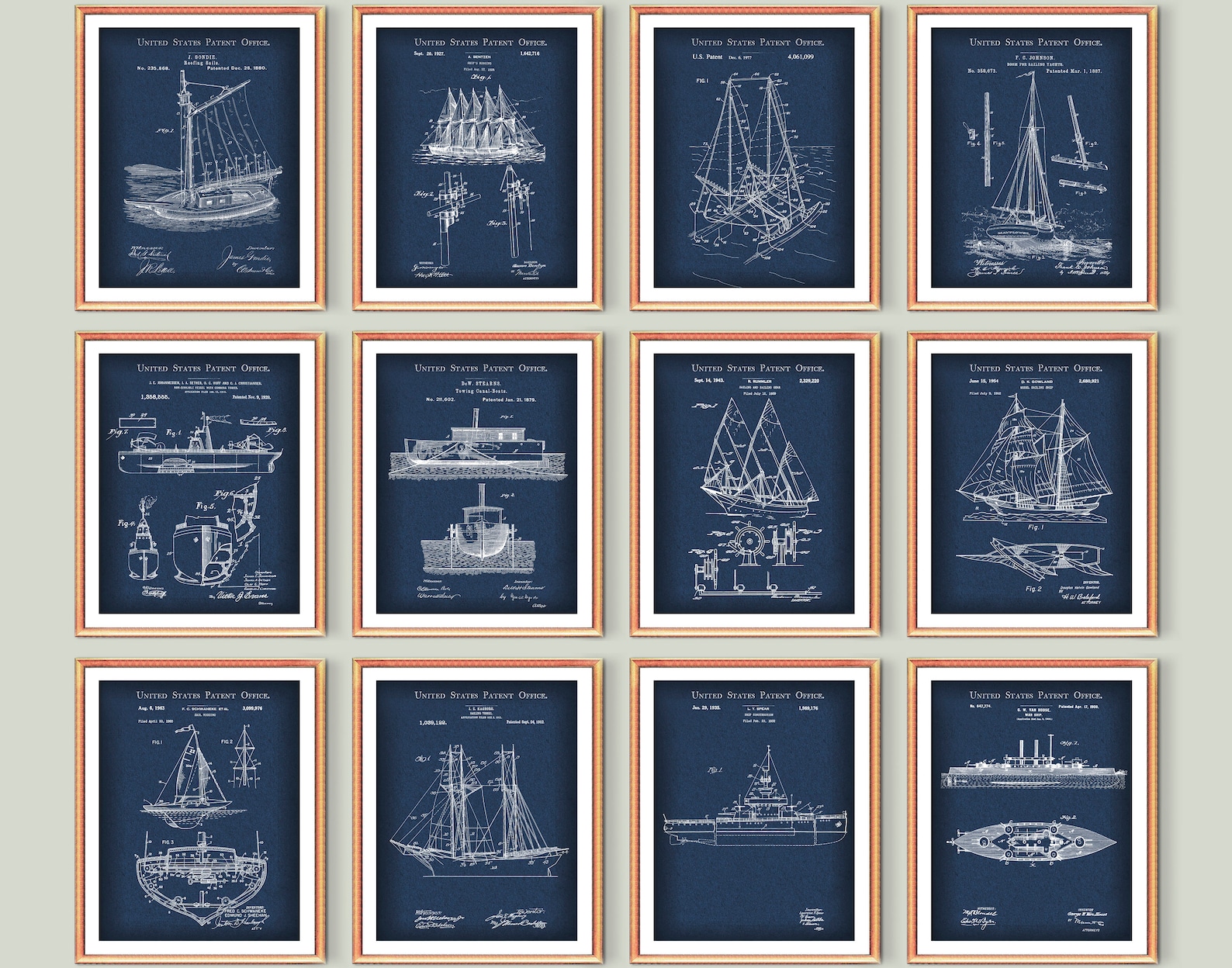 Nautical Art Set 12 Sailing Patent Ship Blueprint Boat Patent Poster ...