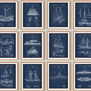 Nautical Art Set 12 Sailing Patent Ship Blueprint Boat Patent Poster Sailor Gift Beach House Wall Decor Sailing Inventions Blueprint Decor