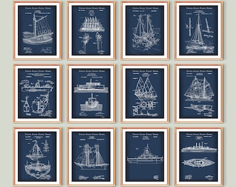 Nautical Art Set 12 Sailing Patent Ship Blueprint Boat Patent Poster Sailor Gift Beach House Wall Decor Sailing Inventions Blueprint Decor