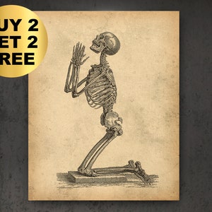 May include: A vintage anatomical illustration of a human skeleton kneeling in a praying position. The skeleton is depicted in black and white on a beige background.