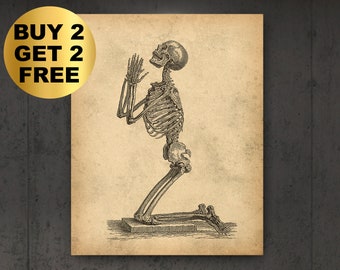 Esqueleto de oración Póster vintage Arte anatómico Arte médico Anatomía anatomía antigua Arte quiropráctico Gift Clinic Wall Art Doctor Gift