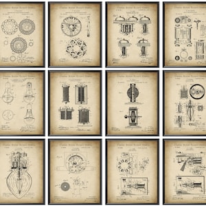 May include: A set of 12 vintage-style patent prints featuring black and white illustrations of various inventions. The prints are framed in black and have a distressed, aged paper background.