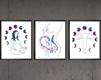 Zwangere Dame Meditatie Kunst Zwangerschap Anatomie Maan Fasen Baby in baarmoeder Baarmoeder Silhouet Poster Yoga Leraar Gift Clinic Decor