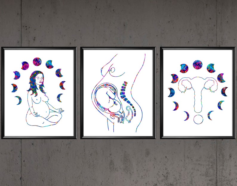 Pregnant Woman Meditation Print Pregnancy Anatomy Moon Phases Baby in Womb Uterus Silhouette Poster Yoga Teacher Gift Clinic Decor