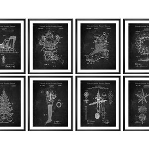 May include: Set of eight black and white vintage Christmas patent prints. The prints feature illustrations of a sleigh, Santa Claus, a stocking, a wreath, a Christmas tree, a stocking, a Christmas tree ornament, and a star.