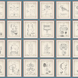 以下が含まれることがあります： 目の検査機器のヴィンテージな白黒の特許図面18枚のセット。図面には、視力検査に使用されるさまざまなツールやデバイスが描かれており、視力表、フォロプター、レンズメーターなどが含まれています。